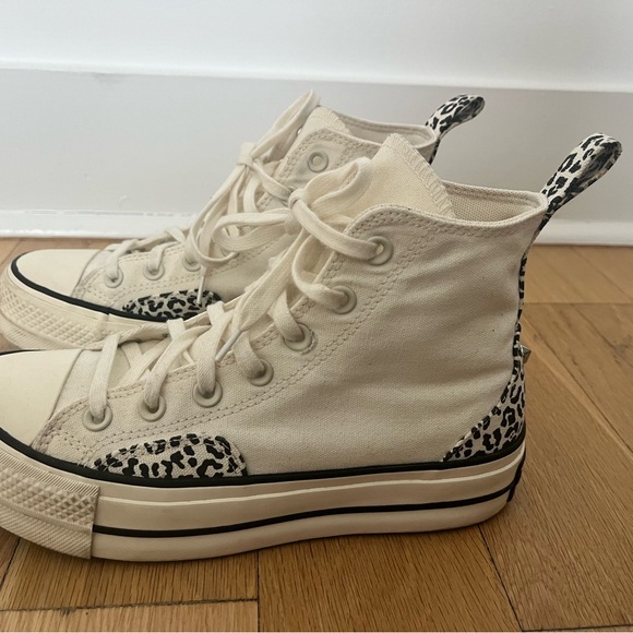 Converse Cream High-Top Sneakers with Black Leopard Accents - Picture 2 of 7